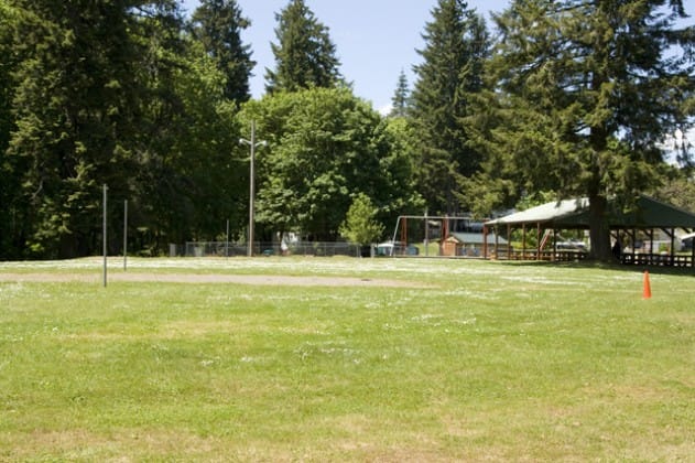 An open grassy recreation field is bordered by trees, with play equipment and a covered structure in the distance.
