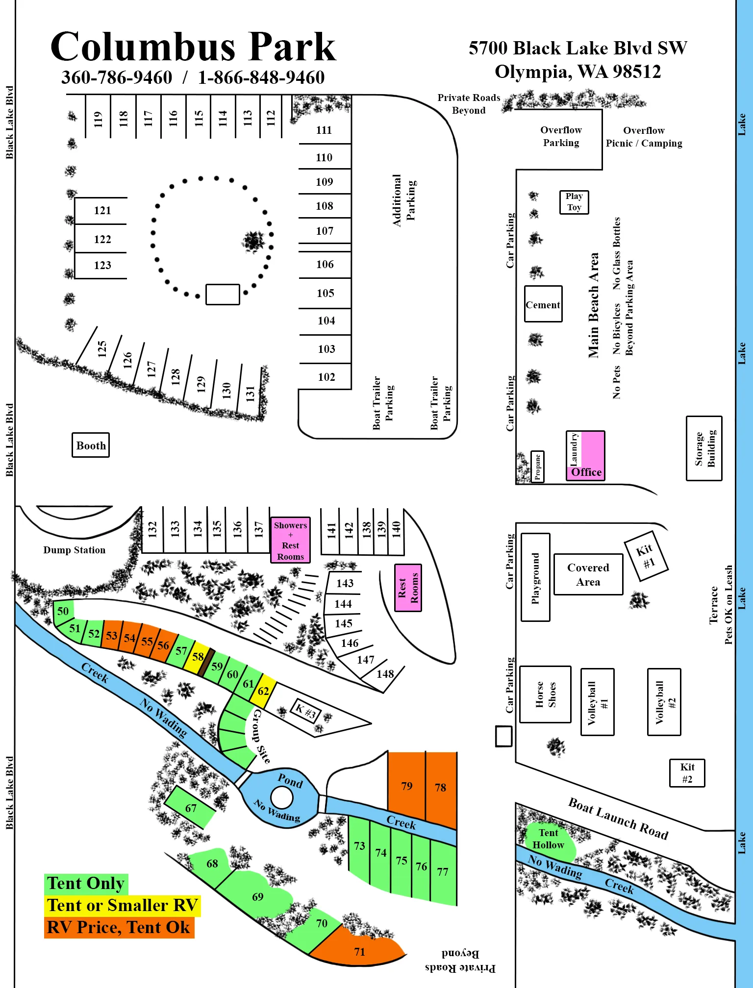 Columbus Park campground map, 2026: numbered campsites, the office, beach, kitchens, restrooms, parking and the creek beside Black Lake. A text description is on the park map page.