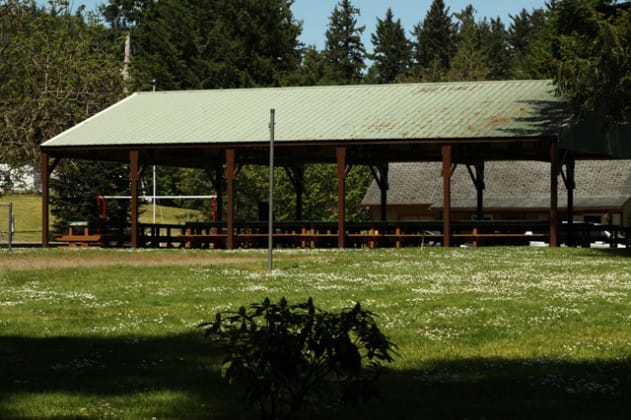 Covered picnic pavilion with long tables at Columbus Park