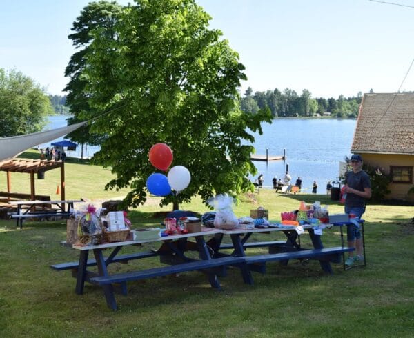 Picnic area with balloons near lake