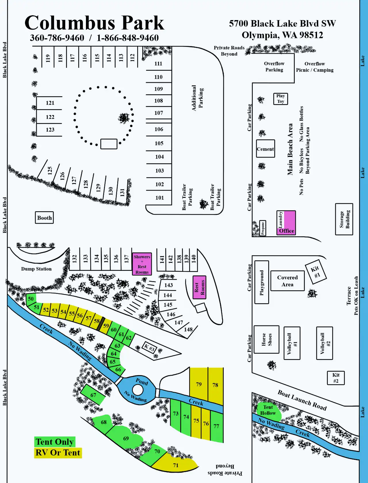 Detailed map of Columbus Park campground in Olympia, WA showing tent and RV sites, beach access, restrooms, and recreational areas near Black Lake.